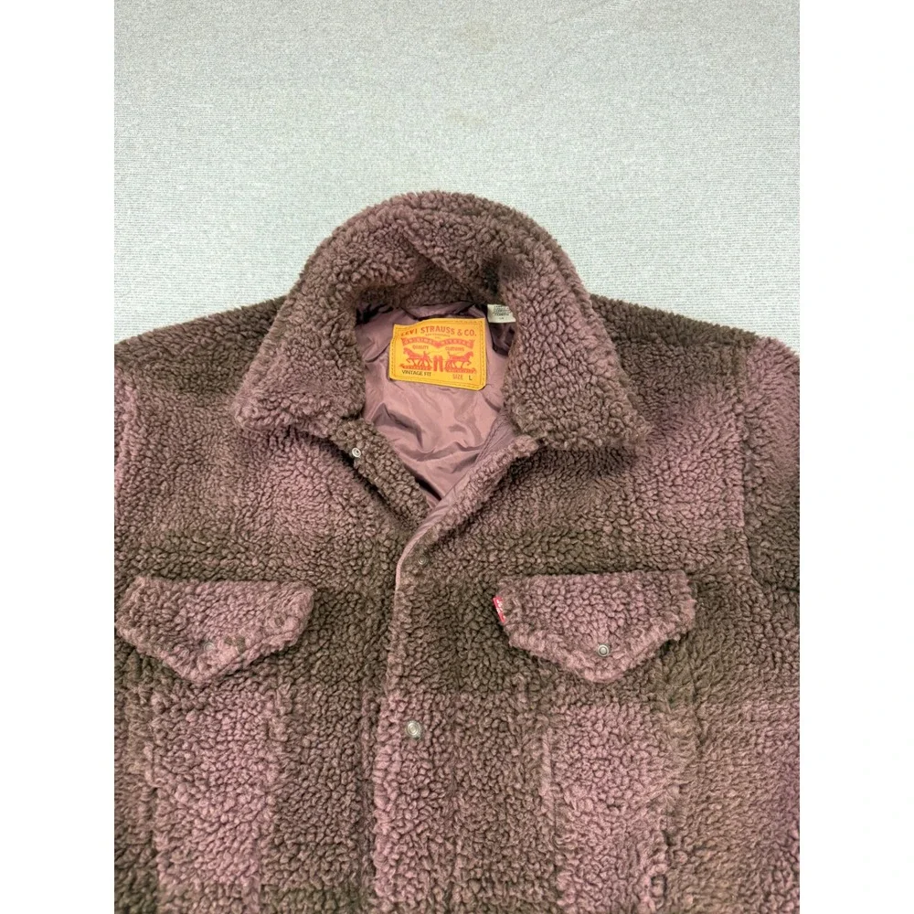 Levis Vintage Fit Sherpa Trucker Jacket Mens Large Purple Brown Plaid Fleece